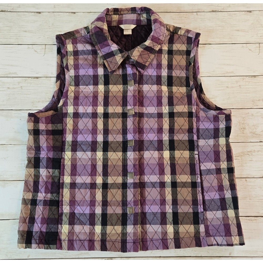 Christopher & Banks Plaid Quilted Snap Front Vest Size Large